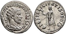 Philip I, 244-249. Antoninianus (Silver, 23 mm, 4.37 g, 12 h), Antiochia, 244-245. IMP C M IVL PHILIPPVS P F AVG P M Radiate, draped and cuirassed bus...