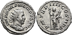 Philip I, 244-249. Antoninianus (Silver, 23 mm, 3.89 g, 6 h), Rome, 247. IMP M IVL PHILIPPVS AVG Radiate, draped and cuirassed bust of Philip I to rig...