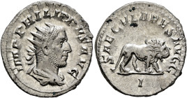 Philip I, 244-249. Antoninianus (Silver, 23 mm, 4.53 g, 6 h), Rome, 248. IMP PHILIPPVS AVG Radiate, draped and cuirassed bust of Philip I to right, se...
