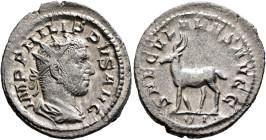 Philip I, 244-249. Antoninianus (Silver, 24 mm, 2.28 g, 6 h), Rome, 248. IMP PHILIPPVS AVG Radiate, draped and cuirassed bust of Philip I to right, se...