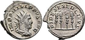 Philip I, 244-249. Antoninianus (Silver, 23 mm, 4.53 g, 6 h), Rome, 249. IMP PHILIPPVS AVG Radiate, draped and cuirassed bust of Philip I to right, se...