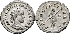 Philip II, as Caesar, 244-247. Antoninianus (Silver, 23 mm, 3.42 g, 11 h), Rome, 245. M IVL PHILIPPVS CAES Radiate and draped bust of Philip II to rig...