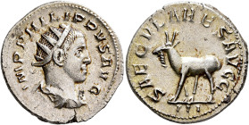 Philip II, 247-249. Antoninianus (Silver, 22 mm, 3.83 g, 6 h), Rome, 248. IMP PHILIPPVS AVG Radiate, draped and cuirassed bust of Philip II to right, ...