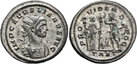 Aurelian, 270-275. Antoninianus (Silvered bronze, 23 mm, 4.08 g, 7 h), Ticinum, November 274-September 275. IMP C AVRELIANVS AVG Radiate and cuirassed...