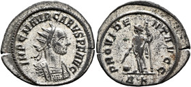 Carus, 282-283. Antoninianus (Silvered bronze, 24 mm, 3.40 g, 12 h), Rome, November 282. IMP C M AVR CARVS P F AVG Radiate and cuirassed bust of Carus...