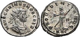 Carinus, as Caesar, 282-283. Antoninianus (Silvered bronze, 23 mm, 4.47 g, 1 h), Siscia, 282. M AVR CARINVS NOB CAES Radiate, draped and cuirassed bus...