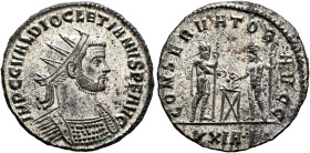 Diocletian, 284-305. Antoninianus (Silvered bronze, 22 mm, 3.65 g, 12 h), Siscia, 287-288. IMP C C VAL DIOCLETIANVS P F AVG Radiate and cuirassed bust...