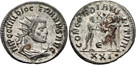 Diocletian, 284-305. Antoninianus (Silvered bronze, 21 mm, 3.76 g, 1 h), Cyzicus, 293-294. IMP C C VAL DIOCLETIANVS AVG Radiate, draped and cuirassed ...