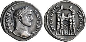 Diocletian, 284-305. Argenteus (Silver, 19 mm, 3.00 g, 12 h), Ticinum, 294-295. DIOCLETI-ANVS AVG Laureate head of Diocletian to right. Rev. VICTORIA ...