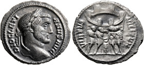 Diocletian, 284-305. Argenteus (Silver, 19 mm, 2.66 g, 6 h), Rome, circa 294-295. DIOCLETI-ANVS AVG Laureate head of Diocletian to right. Rev. VIRTVS ...