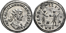 Maximianus, first reign, 286-305. Antoninianus (Silvered bronze, 22 mm, 4.16 g, 6 h), Siscia, 286-287. IMP C M A VAL MAXIMIANVS P F AVG Radiate, drape...