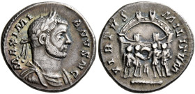 Galerius, as Caesar, 293-305. Argenteus (Silver, 18 mm, 3.12 g, 12 h), Treveri, circa 297-298. MAXIMI-ANVS N C Laureate, draped and cuirassed bust of ...