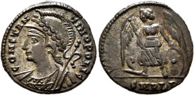 Commemorative Series, 330-354. Follis (Silvered bronze, 18 mm, 2.33 g, 12 h), Alexandria, 335-337. CONSTAN-TINOPOLIS Helmeted, laureate and mantled bu...