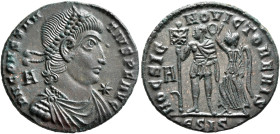 Constantius II, 337-361. Maiorina (Silvered bronze, 23 mm, 5.03 g, 6 h), Siscia, 1 March-25 December 350. D N CONSTANTIVS P F AVG Pearl-diademed, drap...