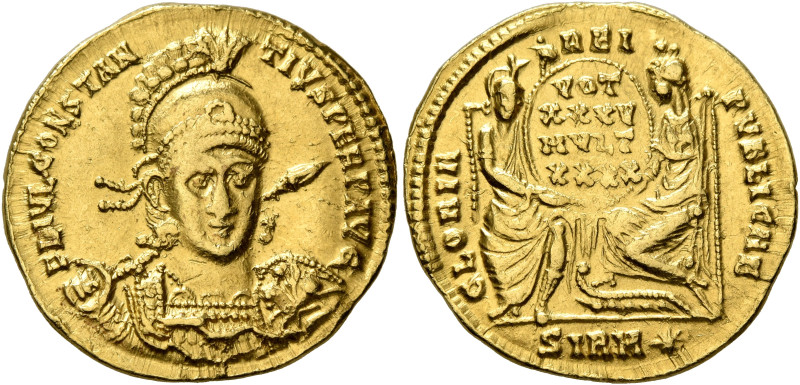 Constantius II, 337-361. Solidus (Gold, 21 mm, 4.56 g, 12 h), Sirmium, 355-361. ...