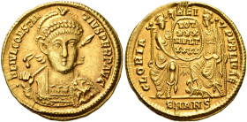 Constantius II, 337-361. Solidus (Gold, 21 mm, 4.47 g, 5 h), Antiochia, November 355-November 361. FL IVL CONSTANTIVS PERP AVG Pearl-diademed, helmete...