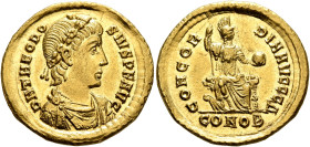 Theodosius I, 379-395. Solidus (Gold, 21 mm, 4.50 g, 12 h), Constantinopolis, 382-383. D N THEODO-SIVS P F AVG Rosette-diademed, draped and cuirassed ...