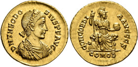 Theodosius I, 379-395. Solidus (Gold, 22 mm, 4.51 g, 12 h), Constantinopolis (?), circa 388-32. D N THEODO-SIVS P F AVG Rosette-diademed, draped and c...
