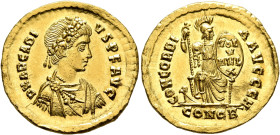 Arcadius, AD 383-408. Solidus (Gold, 21 mm, 4.49 g, 6 h), Constantinopolis, 388-392. D N ARCADI-VS P F AVG Rosette-diademed, draped and cuirassed bust...