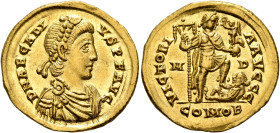 Arcadius, 383-408. Solidus (Gold, 21 mm, 4.45 g, 6 h), Mediolanum, circa 395-402. D N ARCADI-VS P F AVG Pearl-diademed, draped and cuirassed bust of A...