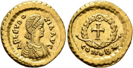 Aelia Eudoxia, Augusta, 400-404. Tremissis (Gold, 14 mm, 1.48 g, 6 h), Constantinopolis, circa 444-450. AEL EVDO-XIA AVG Pearl-diademed and draped bus...