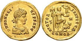 Honorius, 393-423. Solidus (Gold, 20 mm, 4.50 g, 6 h), Sirmium, 393-395. D N HONORI-VS P F AVG Rosette-diademed, draped and cuirassed bust of Honorius...