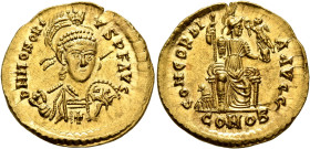 Honorius, 393-423. Solidus (Gold, 21 mm, 4.43 g, 12 h), Thessalonica, 395-402. D N HONORI-VS P F AVG Pearl-diademed, helmeted and cuirassed bust of Ho...