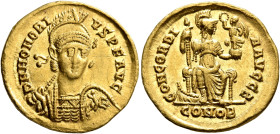 Honorius, 393-423. Solidus (Gold, 20 mm, 4.34 g, 11 h), Constantinopolis, 397-402. D N HONORI-VS P F AVG Pearl-diademed, helmeted and cuirassed bust o...