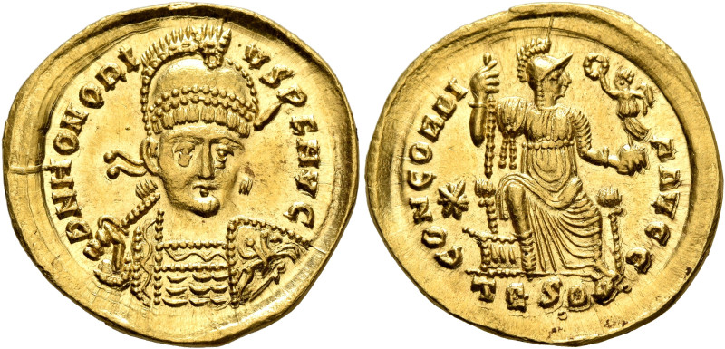 Honorius, 393-423. Solidus (Gold, 21 mm, 4.40 g, 6 h), Thessalonica, 408-420. D ...