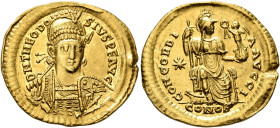 Theodosius II, 402-450. Solidus (Gold, 22 mm, 4.38 g, 6 h), Constantinopolis, 408-420. D N THEODO-SIVS P F AVG Helmeted, pearl-diademed and cuirassed ...