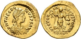 Theodosius II, 402-450. Tremissis (Gold, 15 mm, 1.51 g, 7 h), Constantinopolis, 408-420. D N THEODO-SIVS P F AVG Pearl-diademed, draped and cuirassed ...