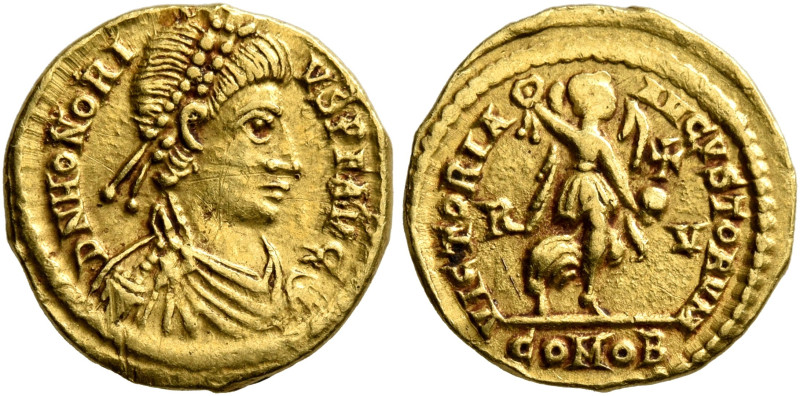 Honorius, 393-423. Tremissis (Gold, 12 mm, 1.46 g, 5 h), Ravenna, 408-423. D N H...