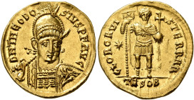 Theodosius II, 402-450. Solidus (Gold, 20 mm, 4.46 g, 6 h), Thessalonica, circa 424-425/30. D N THEODO-SIVS P F AVG Helmeted, pearl-diademed and cuira...
