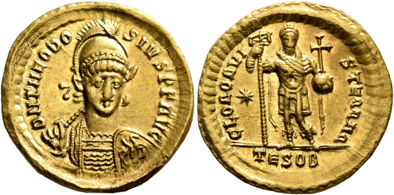 Theodosius II, 402-450. Solidus (Gold, 21 mm, 4.37 g, 6 h), Thessalonica, circa ...