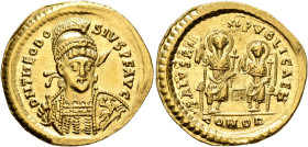 Theodosius II, 402-450. Solidus (Gold, 21 mm, 4.29 g, 7 h), Constantinopolis, 425-430. D N THEODO-SIVS P F AVG Helmeted, pearl-diademed and cuirassed ...