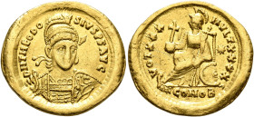 Theodosius II, 402-450. Solidus (Gold, 21 mm, 4.20 g, 6 h), Constantinopolis, 430-440. D N THEODO-SIVS P F AVG Pearl-diademed, helmeted and cuirassed ...