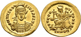 Theodosius II, 402-450. Solidus (Gold, 21 mm, 4.41 g, 12 h), Constantinopolis, 430-440. D N THEODO-SIVS P F AVG Pearl-diademed, helmeted and cuirassed...