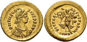 Theodosius II, 402-450. Tremissis (Gold, 14 mm, 1.51 g, 1 h), Constantinopolis, 430-440. D N THEODO-SIVS P F AVG Pearl-diademed, draped and cuirassed ...