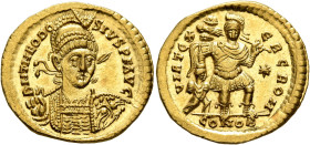 Theodosius II, 402-450. Solidus (Gold, 21 mm, 4.44 g, 6 h), Constantinopolis, 441. D N THEODO-SIVS P F AVG Helmeted, pearl-diademed and cuirassed bust...
