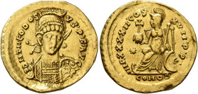 Theodosius II, 402-450. Solidus (Gold, 20 mm, 4.05 g, 6 h), Constantinopolis, 441-450. D N THEODOSI-VS•P•F•AVG Helmeted, pearl-diademed and cuirassed ...