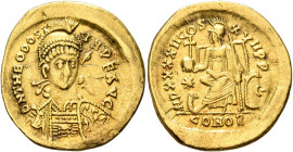 Theodosius II, 402-450. Solidus (Gold, 21 mm, 4.00 g, 6 h), Constantinopolis, 443-450. D N THEODOSI-VS P F AVG Helmeted, pearl-diademed and cuirassed ...