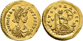 Theodosius II, 402-450. Semissis (Gold, 18 mm, 2.13 g, 7 h), Constantinopolis, 444. D N THEODO-SIVS P F AVG Pearl-diademed, draped and cuirassed bust ...