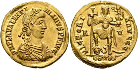 Valentinian III, 425-455. Solidus (Gold, 21 mm, 4.43 g, 12 h), Ravenna, circa 430-445. D N PLA VALENTI-NIANVS P F AVG Pearl-and-rosette-diademed, drap...