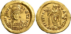 Leo I, 457-474. Solidus (Gold, 20 mm, 4.44 g, 6 h), Constantinopolis, circa 462 or 466. D N LEO PE-RPET AVG Helmeted, pearl-diademed and cuirassed bus...