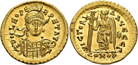 Leo I, 457-474. Solidus (Gold, 20 mm, 4.46 g, 6 h), Constantinopolis, circa 462 or 466. D N LEO PE-RPET AVG Pearl-diademed, helmeted and cuirassed bus...