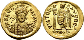 Zeno, second reign, 476-491. Solidus (Gold, 21 mm, 4.47 g, 1 h), Constantinopolis. D N ZENO PERP AVG Pearl-diademed, helmeted and cuirassed bust of Ze...