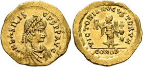 Basiliscus, 475-476. Tremissis (Gold, 15 mm, 1.50 g, 6 h), Constantinopolis. D N bASILIS-CЧS P P AVG Diademed, draped and cuirassed bust of Basiliscus...