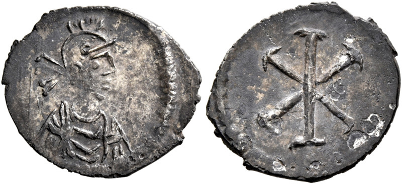 Time of Justinian I, circa 527-565. Half Siliqua (Silver, 15 mm, 0.75 g, 1 h), C...