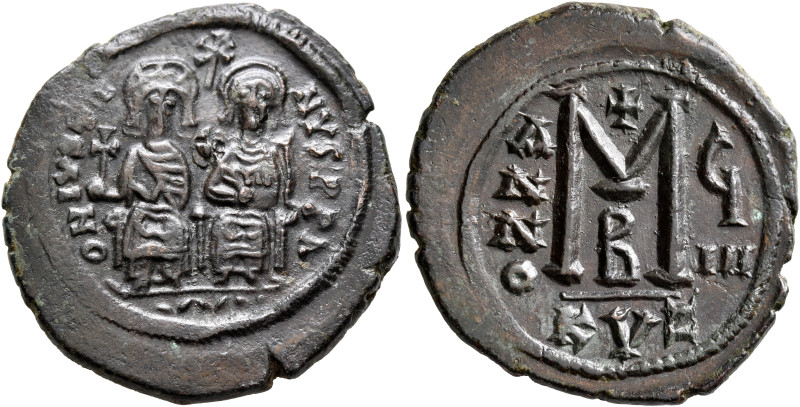 Justin II, with Sophia, 565-578. Follis (Bronze, 33 mm, 14.74 g, 6 h), Cyzicus, ...