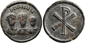 Theodosius I, with Honorius and Arcadius, 379-395. Exagium Solidi (Bronze, 20 mm, 4.00 g, 6 h), Constantinopolis, circa 393-395. DDD NNN Diademed and ...